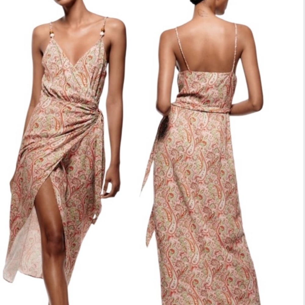 Zara Tied‎ Printed Wrap Paisley Dress in Cream and Pink Thin Woven Straps Sz S